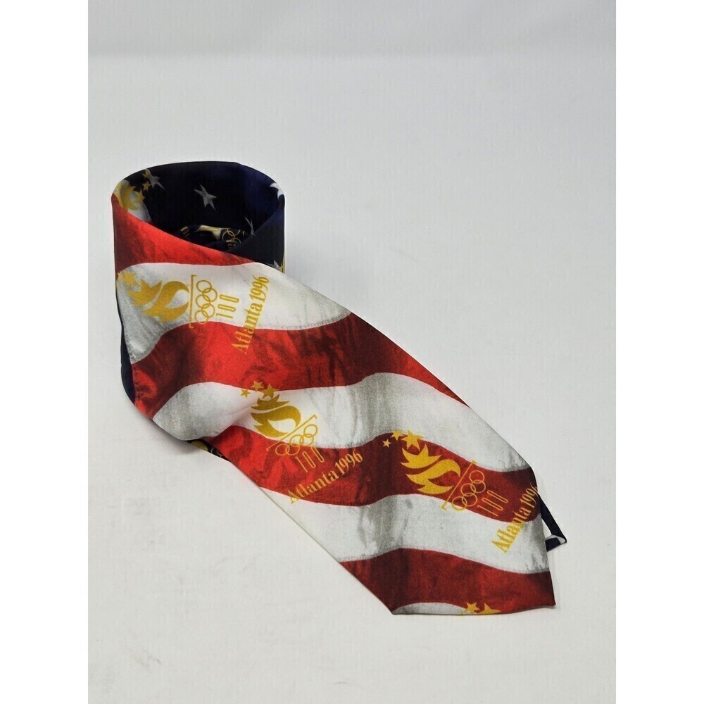 NOS VINTAGE OLYMPICS RED WHITE NECKTIE MENSWEAR TIE ATLANTA 1996 RALPH MARLIN
